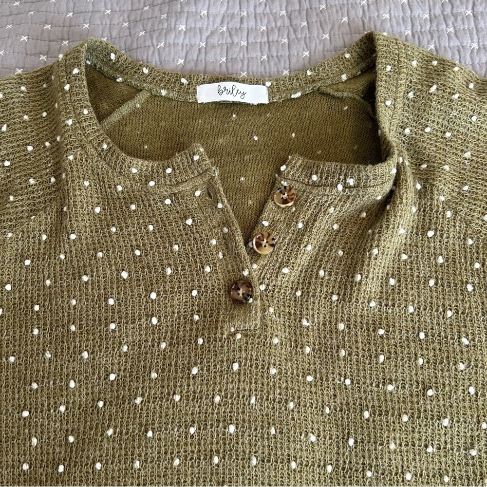 Cozy Olive Green Top with Cream Dots
